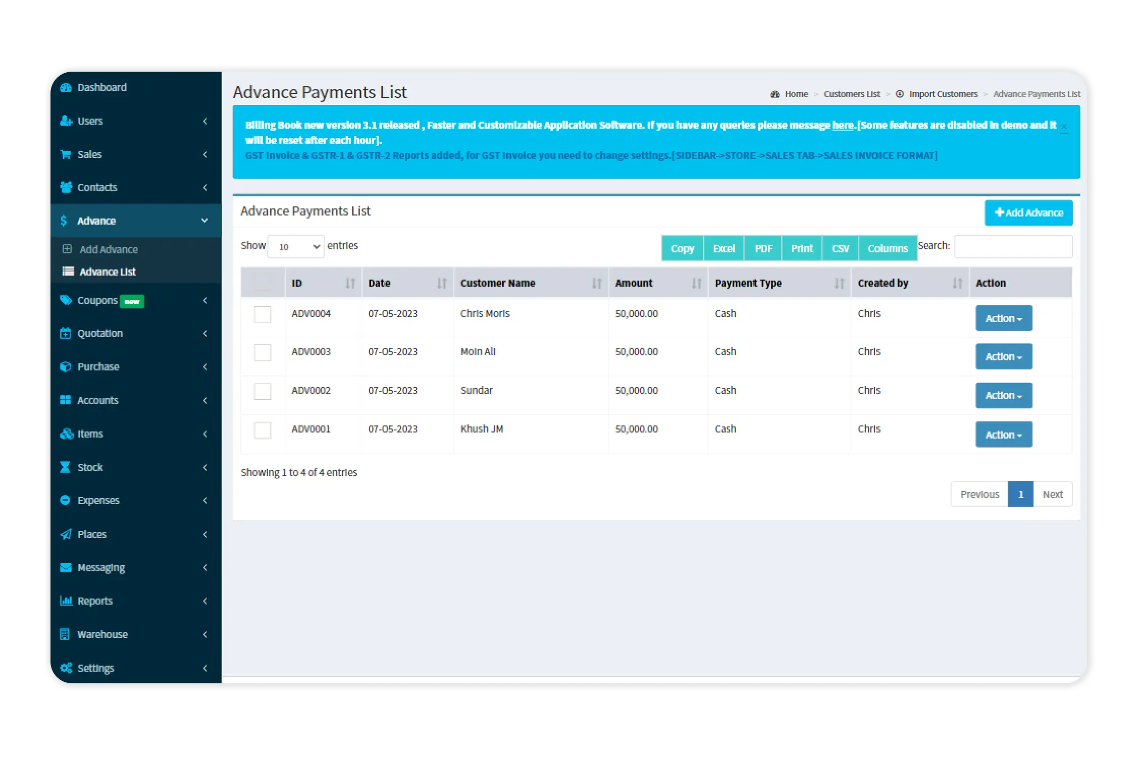 Advance Payment- Billing Book